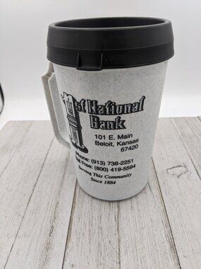Vintage Thermal Black Gray 24oz Large Insulated Mug Cup Thermos w/Lid Bank Ads B